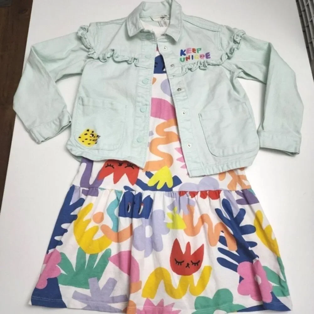 H&M Liunic Girls Bright Colorful Spring Abstract Dress & Denim Jacket Size 6x/7